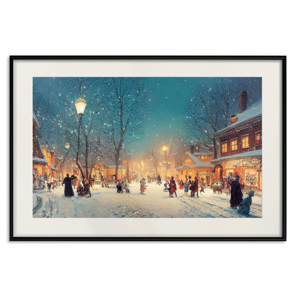 Plakat: Zimowa Pocztówka - Ośnieżona Ulica Rozświetlona Retro Latarniami