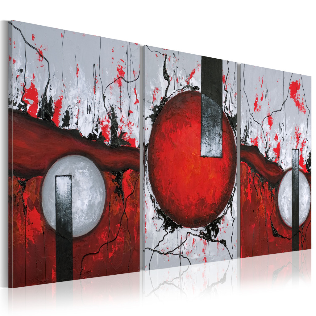 Schilderij  Abstract: Vuur (3-delig) - Vlammende Abstractie Met Grijze En Rode Ballen