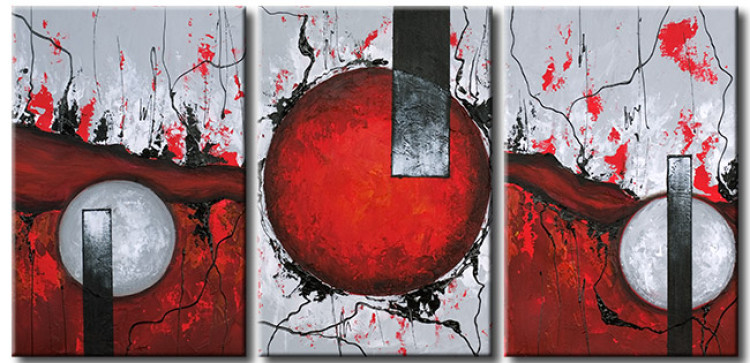 Canvas Fire (3-piece) - Fiery abstraction with gray and red balls 48069