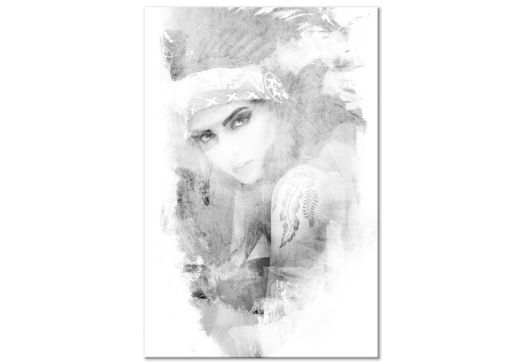Obraz na płótnie Portret kobiety w pióropuszu - czarno-biała grafika w etnicznym stylu