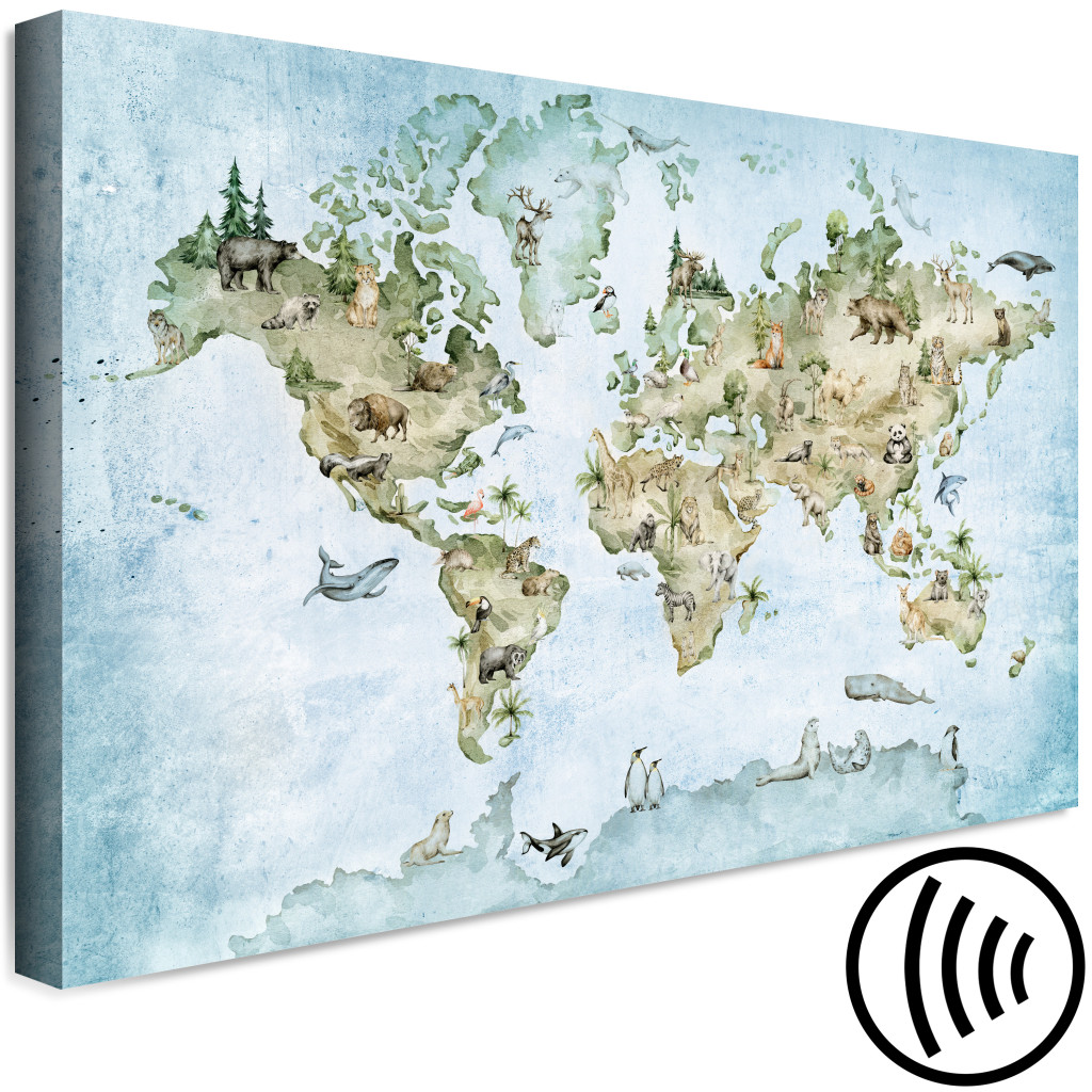 Canvastavla Map For Children - Continents Of The World With Animals In The Colors Of Nature