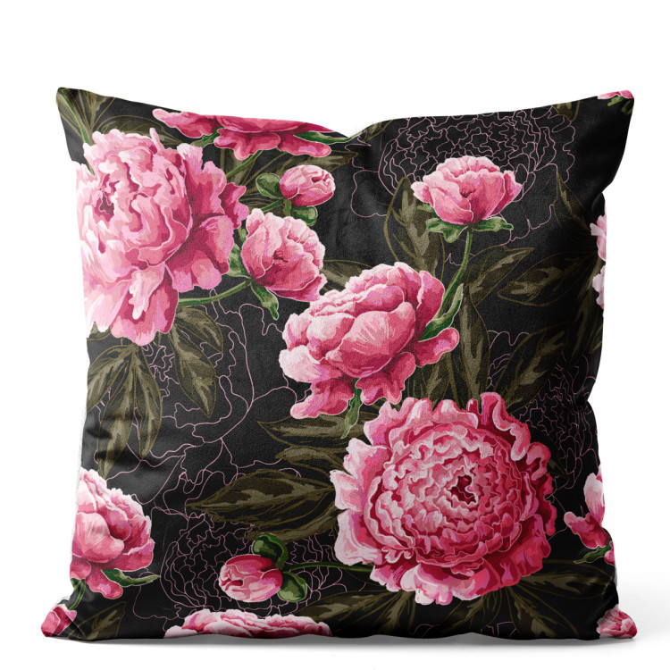 Sammets kudda Chinese peonies - floral motif in shades of pink on a dark background 146779