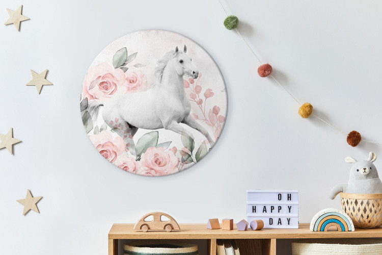 Round Canvas White Horse - Mount Galloping Among Pink Roses 148679 additionalImage 4