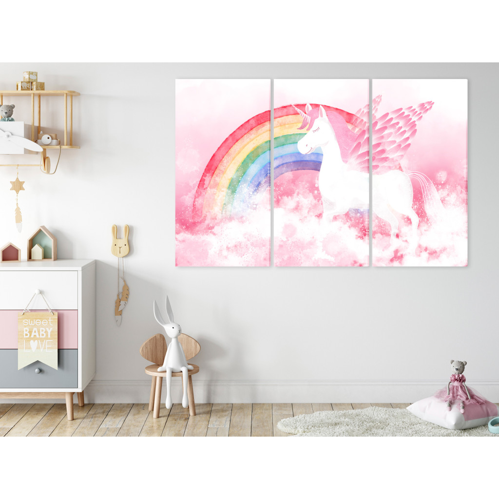 Schilderij  Voor Kinderen: Pink Unicorn Power - Rainbow Composition With An Animal