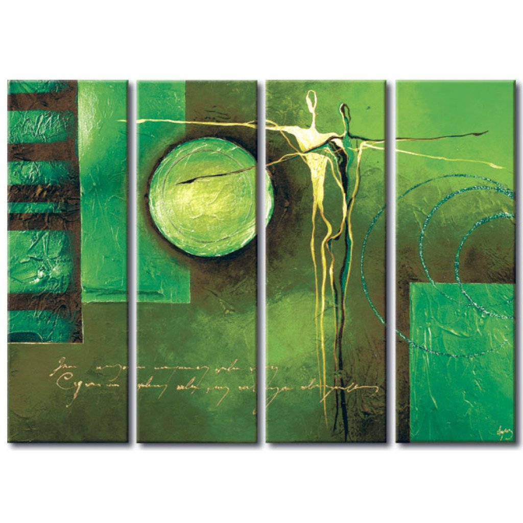 Schilderij  Karakters: Wereldleiders (4-delig) - Groene Abstractie Met Een Paar Silhouetten