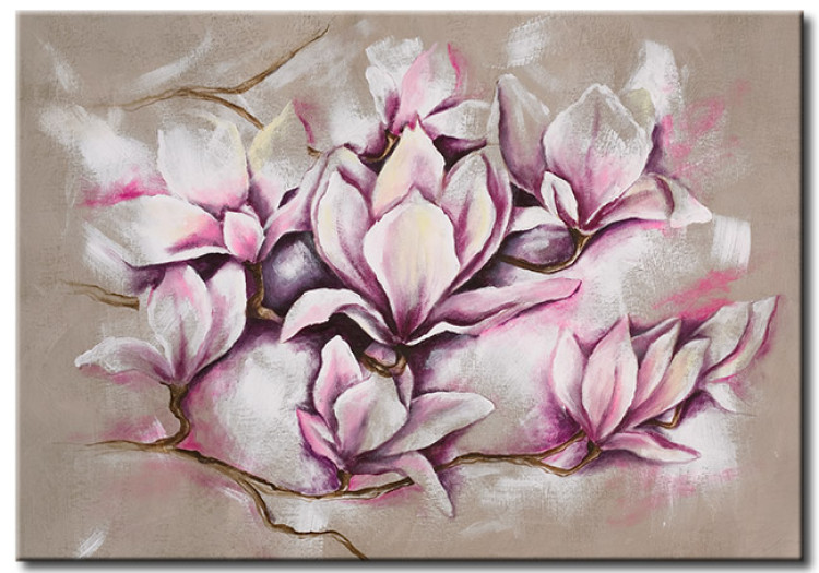 Quadro su tela Magnolie pastello (1 pezzo) - Fiori artistici su sfondo beige 48479