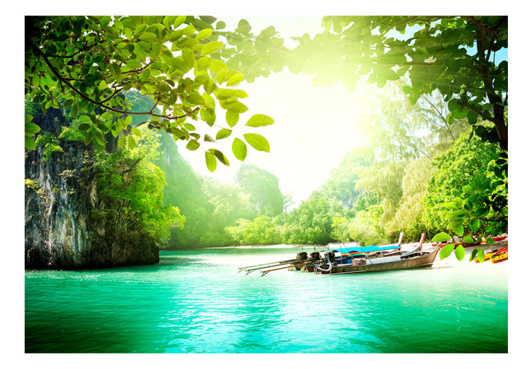 Mural Floresta paradisíaca - paisagem com mar azul e barcos tailandeses 96079 additionalImage 1