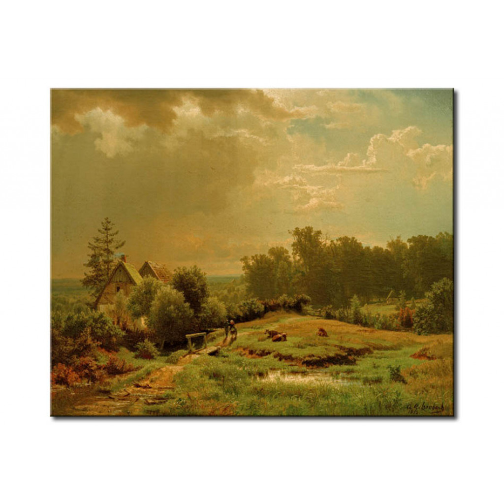 Schilderij  Andreas Achenbach: Hügelige Landschaft Mit Heraufziehendem Gewitter