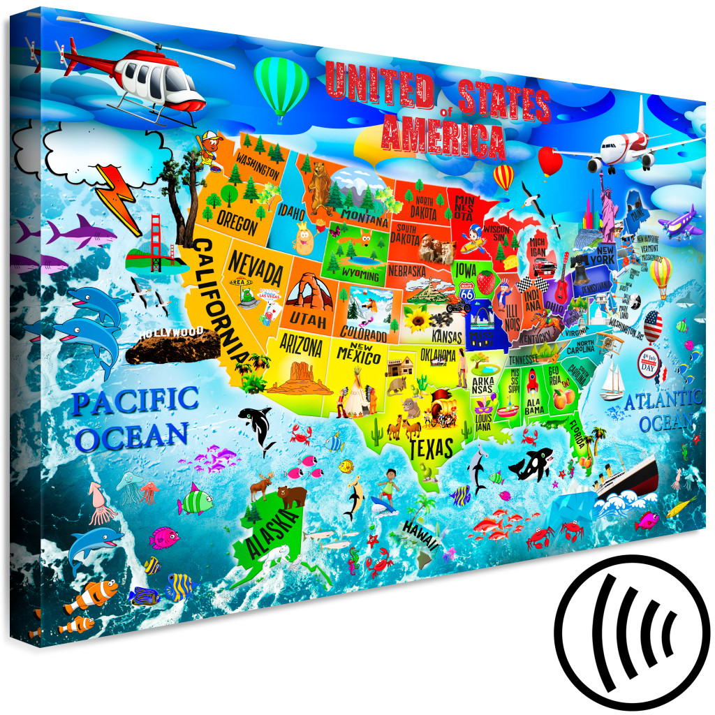 Obraz Mapa USA Dla Dzieci - Kolorowe Rysunki Z Symbolami Stanów
