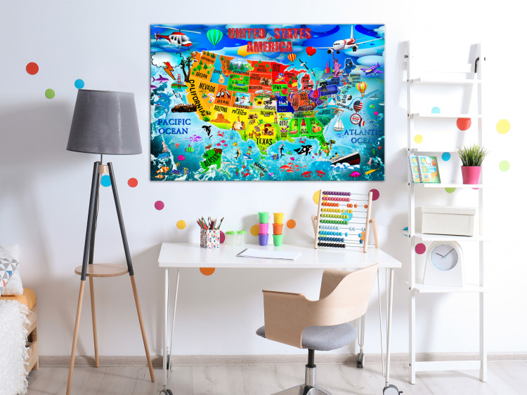 Canvas Art Print USA map for children - colourful drawings with symbols of the states 127889 additionalImage 3