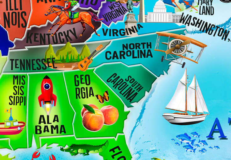 Leinwandbild USA Landkarte für Kinder - farbige Zeichnungen mit Staatensymbolen 127889 additionalImage 5