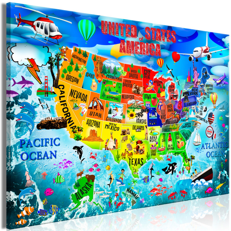 Canvas Art Print USA map for children - colourful drawings with symbols of the states 127889 additionalImage 2