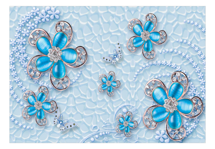 Mural Jóias florais - abstração com flores e borboletas sobre um fundo azul 132189 additionalImage 1
