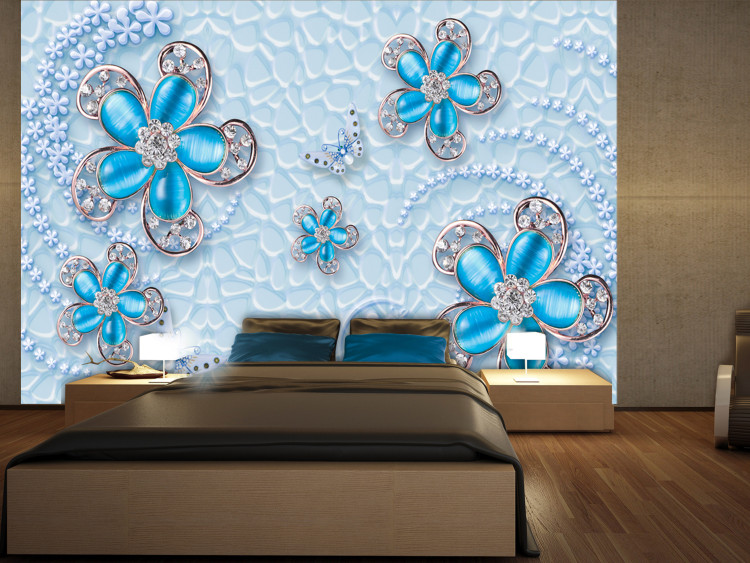 Mural de parede Jóias florais - abstração com flores e borboletas sobre um fundo azul