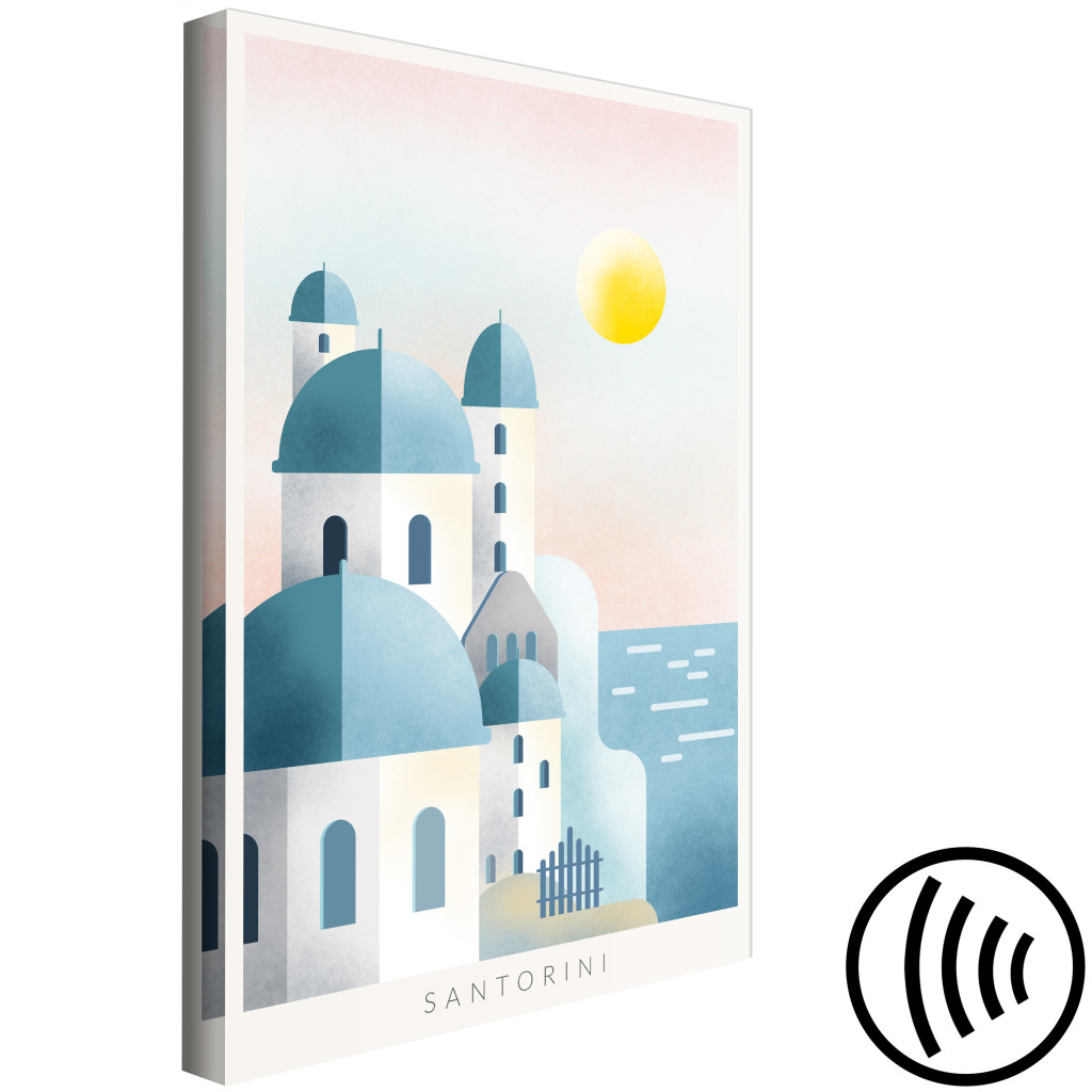 Obraz Greckie Santorini - Krajobraz Z Charakterystyczna Białą Architekturą Wyspy Santorini Oraz Morzem Z Napisami