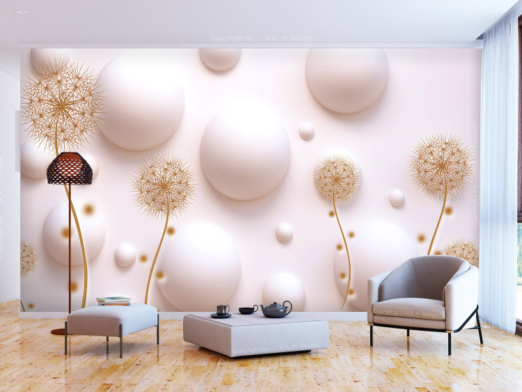Wall Mural Sweet glaze - abstract bubbles resembling modern desserts in magnolia color with a golden dandelions motif