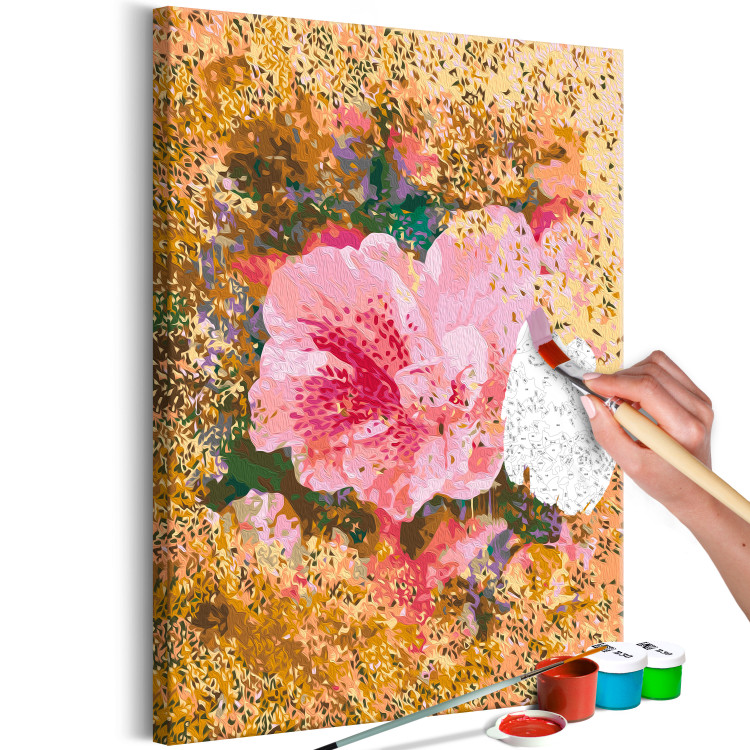 Obraz do malowania po numerach Różowa róża - kwitnący duży kwiat na złotym przetartym tle 146189 additionalImage 7