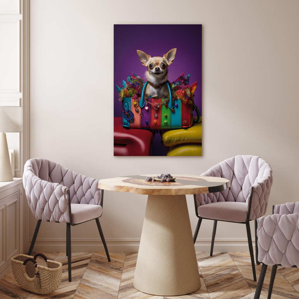 Obraz AI Pies Chihuahua - Malutki Zwierzak W Kolorowej Torebce - Pionowy