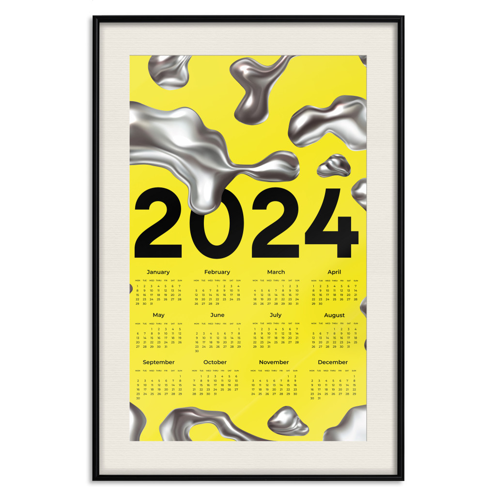 Plakat: Kalendarz 2024 - żółte Tło Ze Srebrnymi Trójwymiarowymi Kształtami