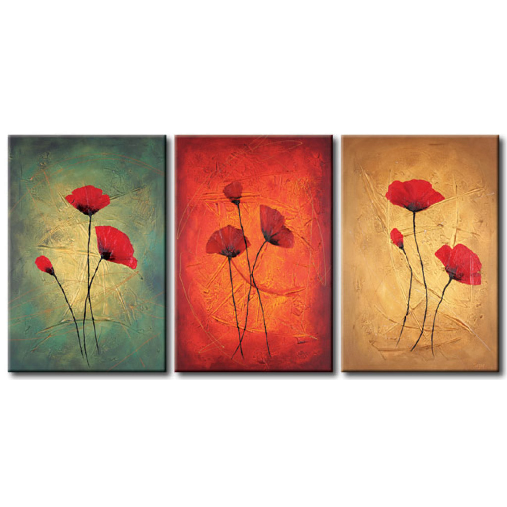 Quadro Pintado Papoilas Em Três Cores (3 Partes) - Tema De Flores Vermelhas