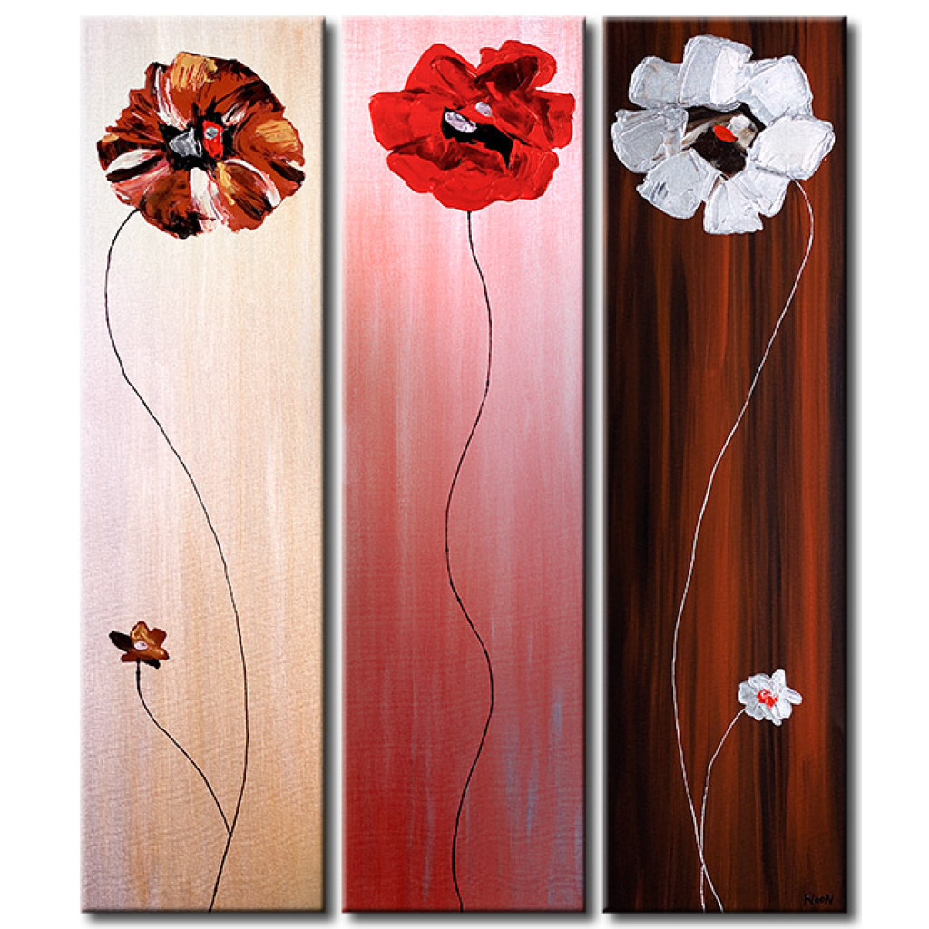 Schilderij  Klaprozen: Drie Klaprozen (3-delig) - Bloemen Op Een Effen Achtergrond In Drie Kleuren