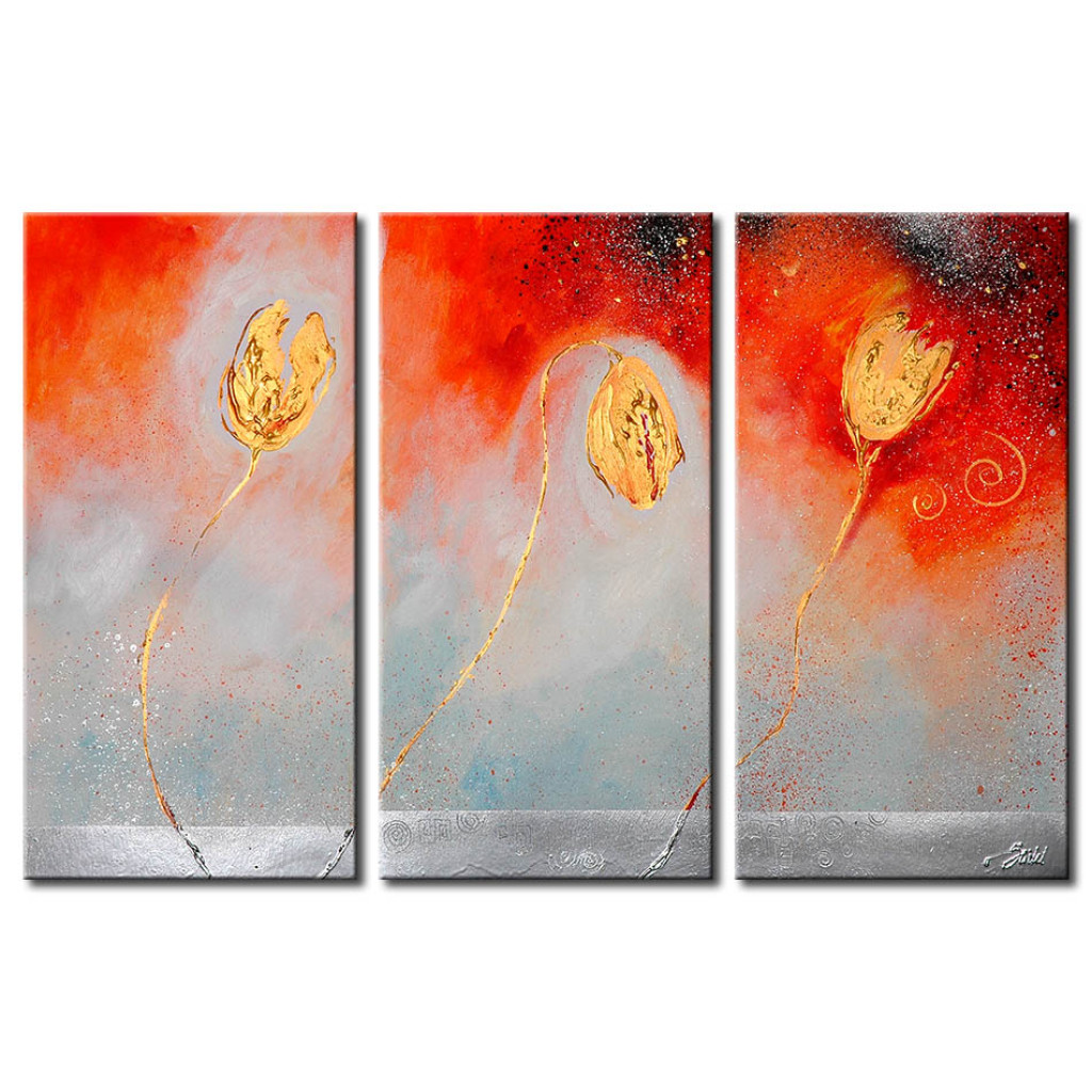 Schilderij  Tulpen: Ontwaken Van De Zomer (3-delig) - Abstractie Met Gouden Tulpen