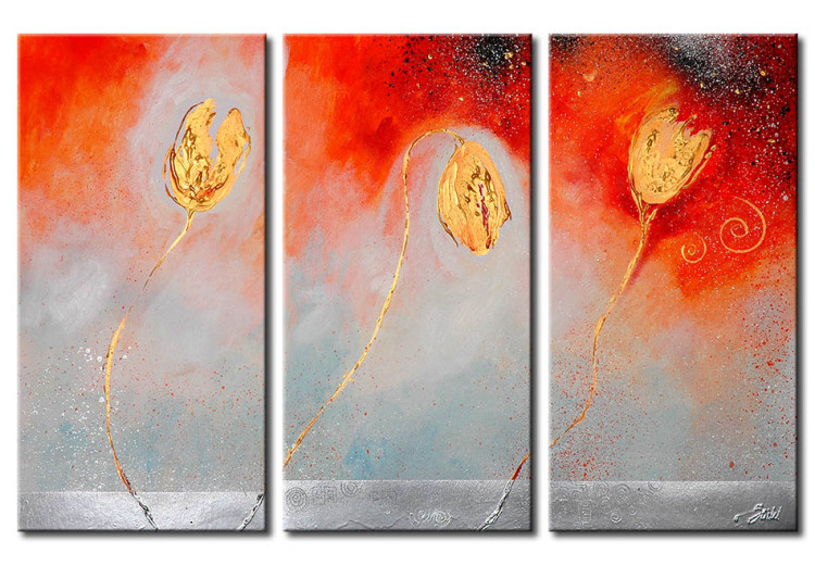 Canvas Print Awakening of Summer (3-piece) - Abstraction with golden tulips 48689