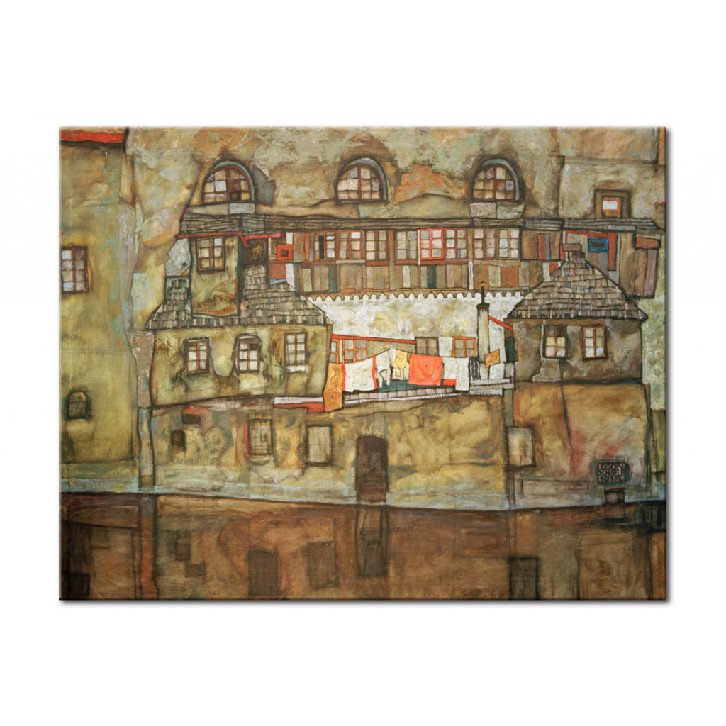 Schilderij  Egon Schiele: Hauswand Am Fluß