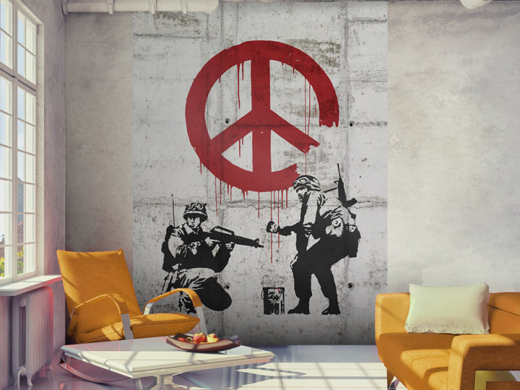 Photo Wallpaper CND Soldiers - gray graffiti mural by Banksy featuring soldiers and a peace sign 62289