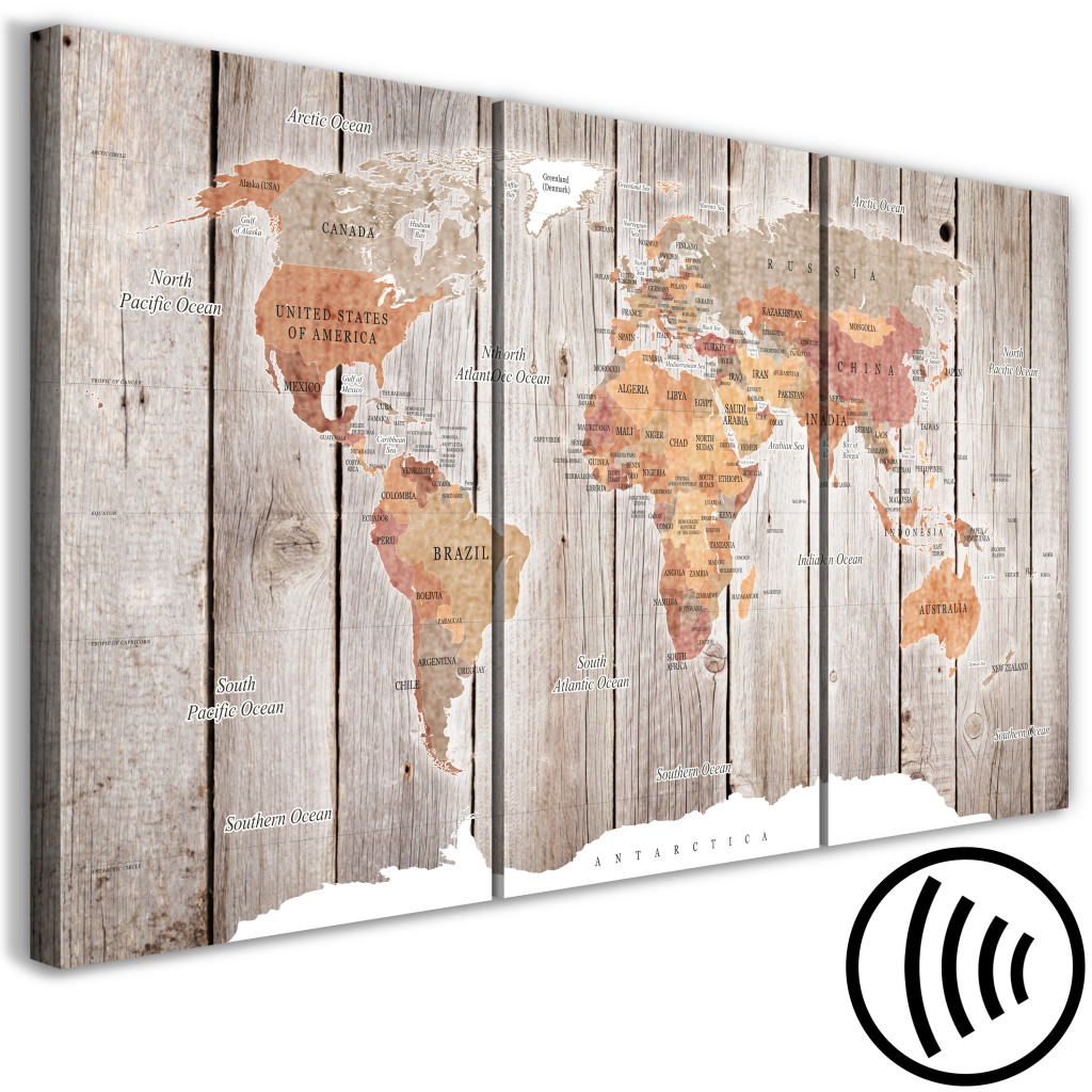 Schilderij  Kaarten Van De Wereld: World Map: Wooden Stories (3 Parts)