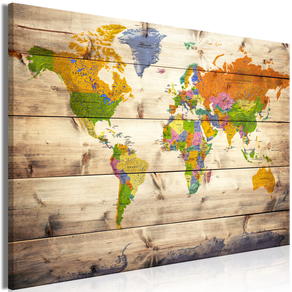 Duży Obraz XXL Mapa Na Drewnie: Kolorowe Podróże [Large Format]
