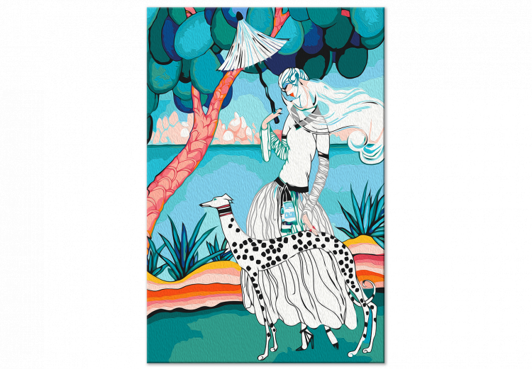 Obraz do malowania po numerach Spacer w słoneczny dzień - kobieta z parasolem i pies w kropki 144099 additionalImage 4