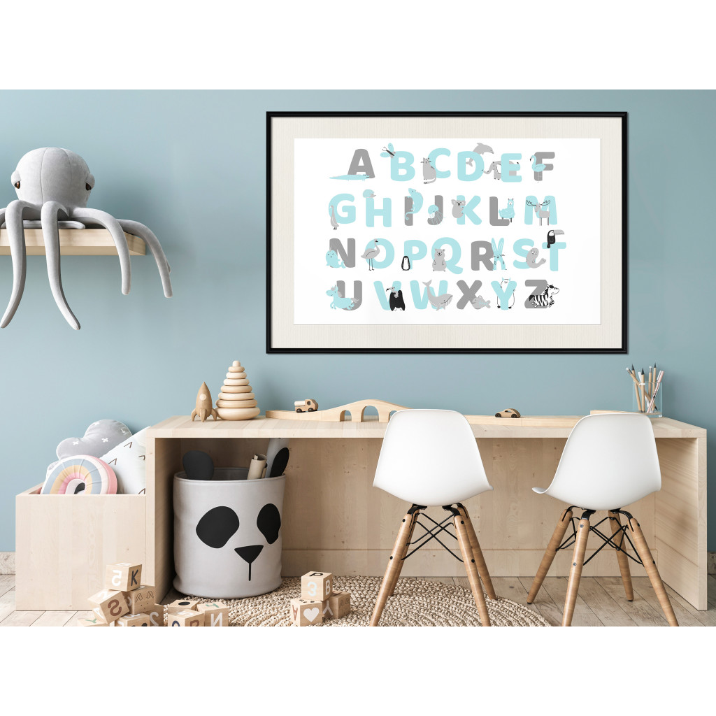 Poster Decorativo English Alphabet For Children - Gray And Blue Letters With Animals