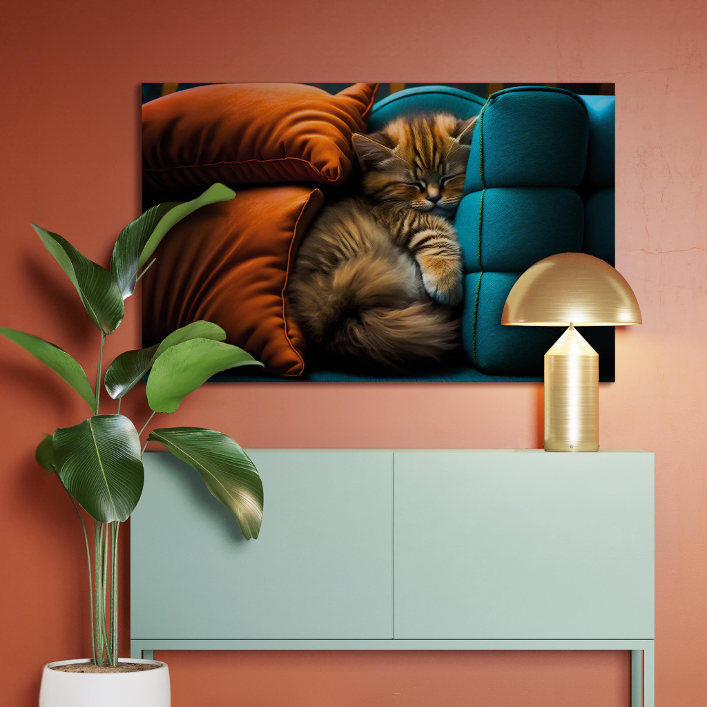 Schilderij  Katten: AI Cat - Cute Animal Sleeping Between Comfortable Pillows - Horizontal