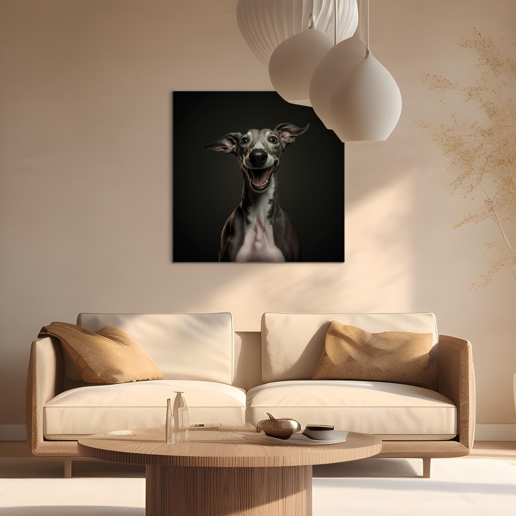 Obraz AI Pies Greyhound - Portret Szeroko Uśmiechniętego Zwierzaka - Kwadratowy