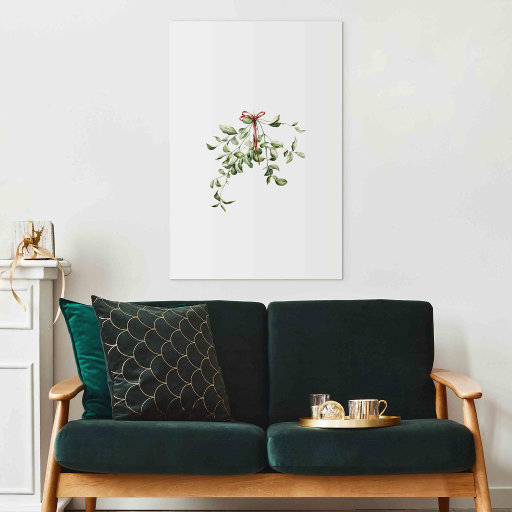 Konst Christmas Mistletoe - Watercolor Illustration Of A Branch With A Red Ribbon