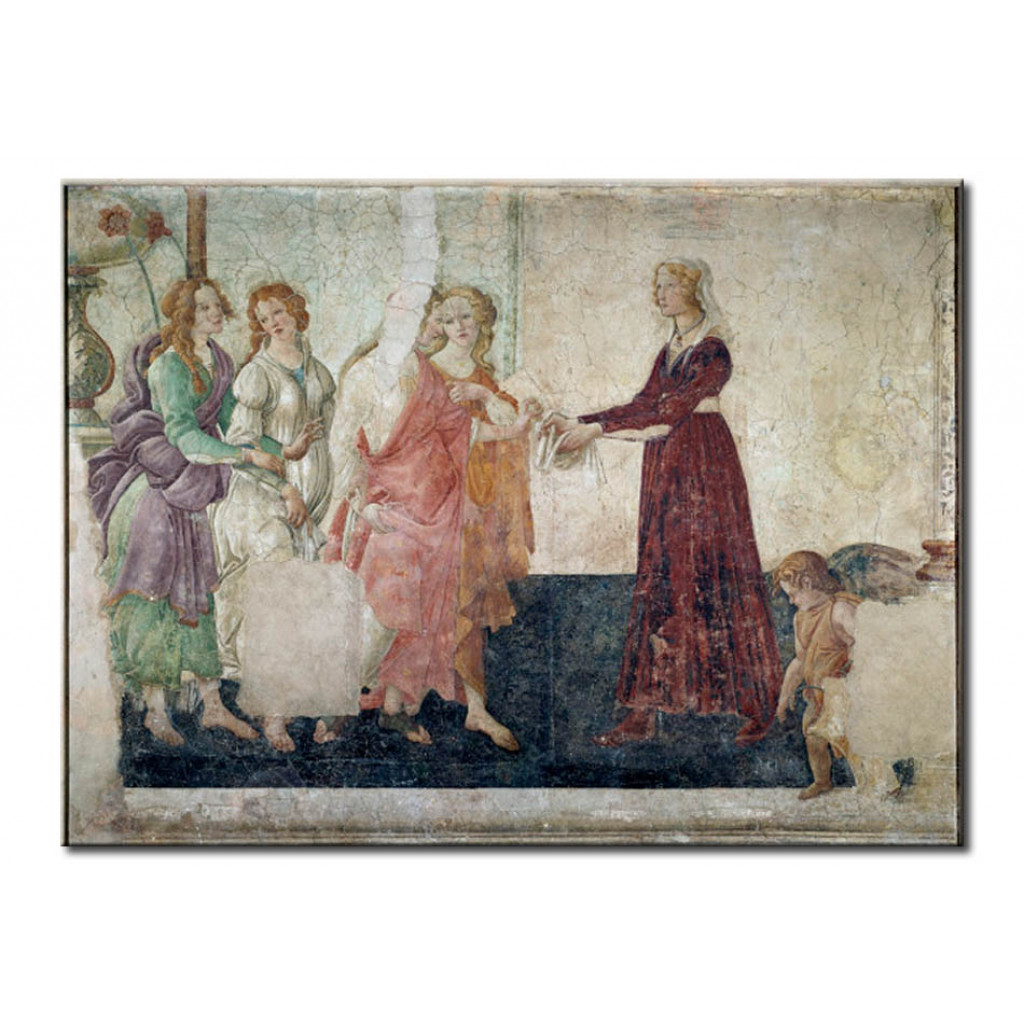 Schilderij  Sandro Botticelli: Giovanna Tornabuoni(?) And The Three Graces Before Venus