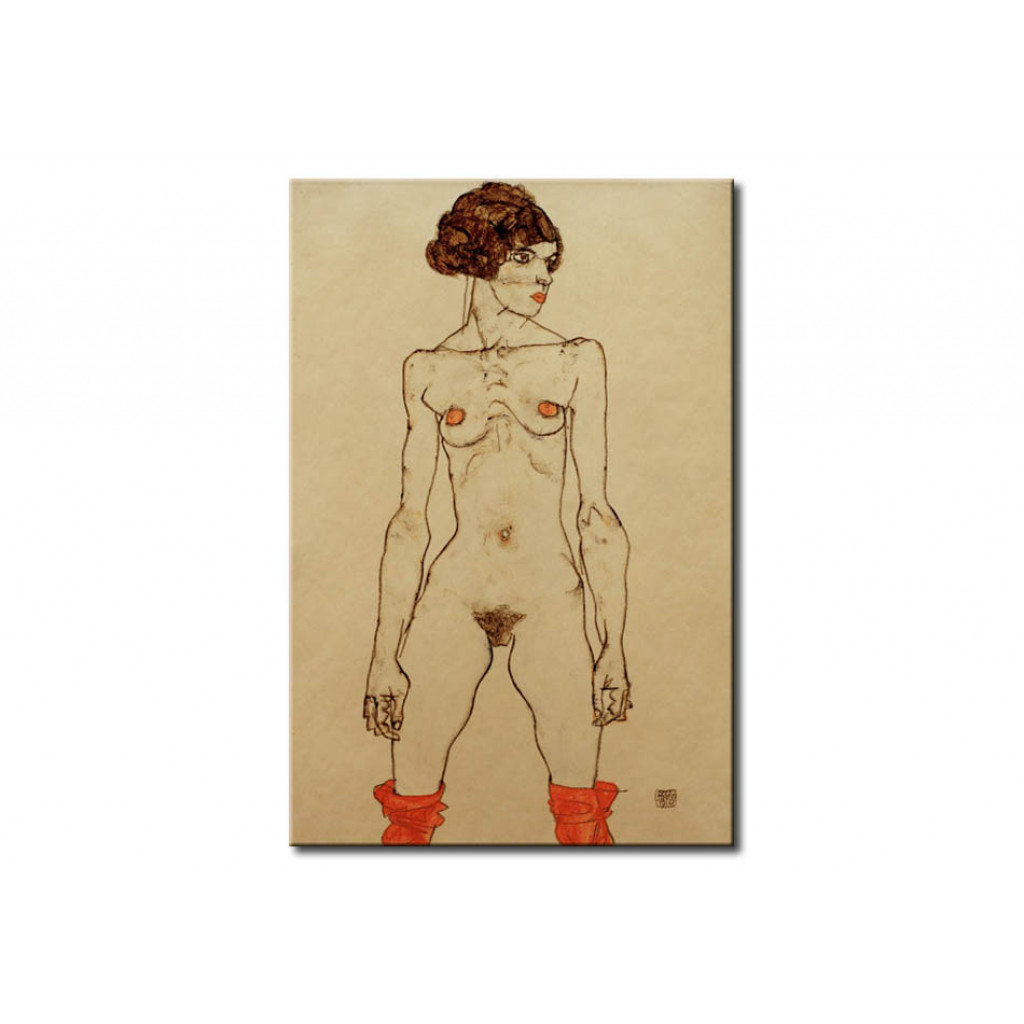 Schilderij  Egon Schiele: Stehendes Nacktes Mädchen Mit Strümpfen