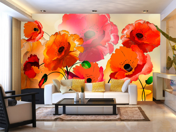 Wall Mural Velvety Poppies - Abstraction of Energetic Flowers on a Bright Background 60399